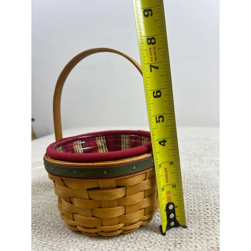 Longaberger Small Round Basket‎ 2005 Red Green Striped Liner Plastic Protector